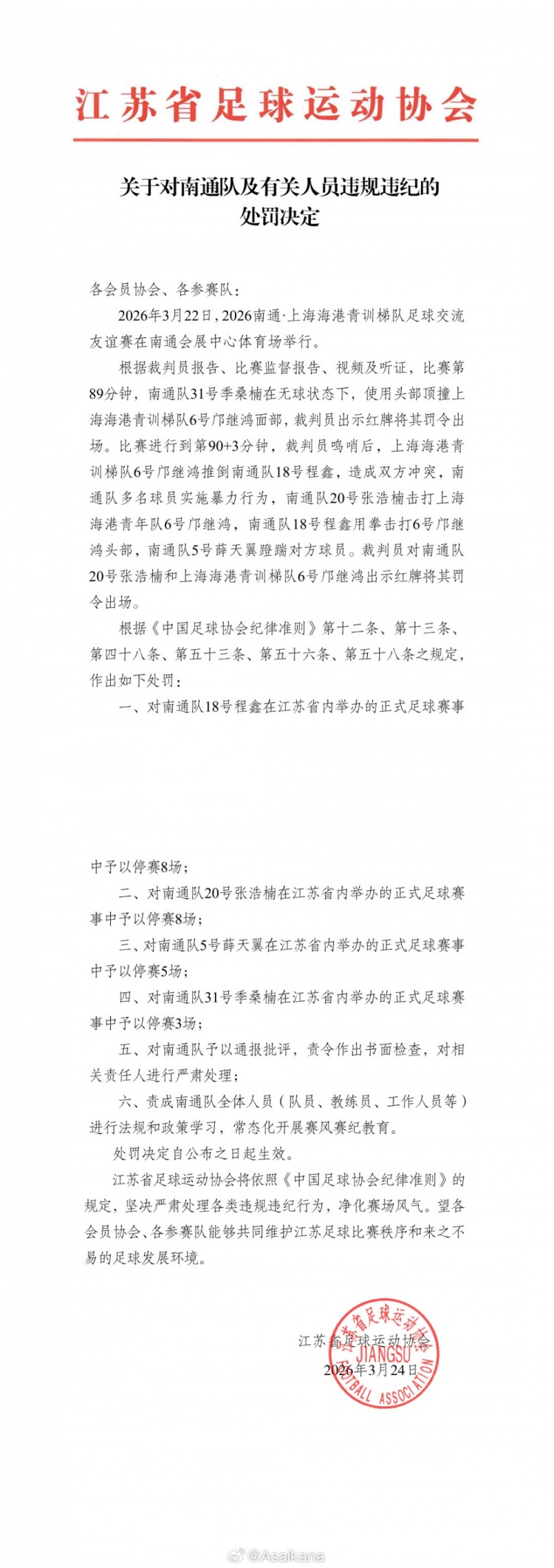 开云中国官网-江苏足协、上海足协对南通队vs海港U20队多人互殴事件进行处罚